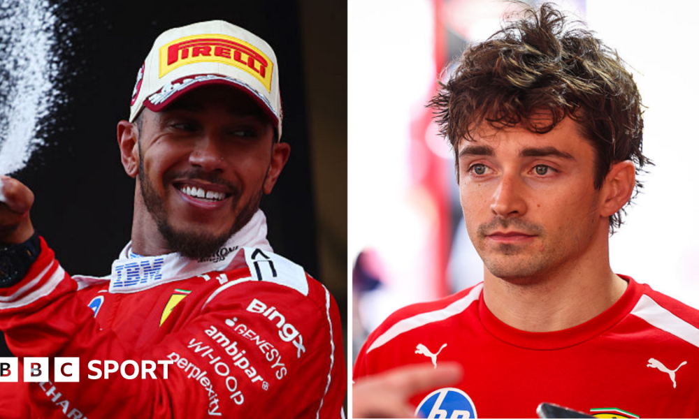 A split image of Lewis Hamilton spraying champagne and Charles Leclerc looking disappointed