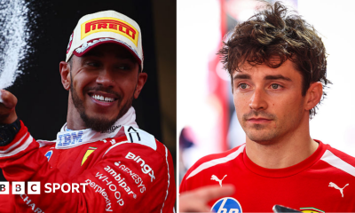 A split image of Lewis Hamilton spraying champagne and Charles Leclerc looking disappointed