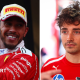 A split image of Lewis Hamilton spraying champagne and Charles Leclerc looking disappointed