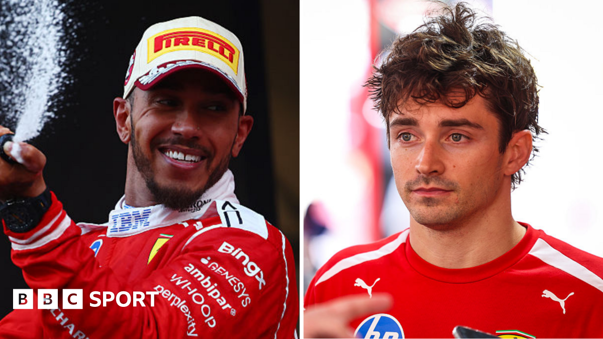 A split image of Lewis Hamilton spraying champagne and Charles Leclerc looking disappointed