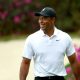 Five-time champion Tiger Woods plays a practice round before the 86th Masters at Augusta National Golf Club