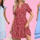 Blue striped, red floral and blue maxi dresses
