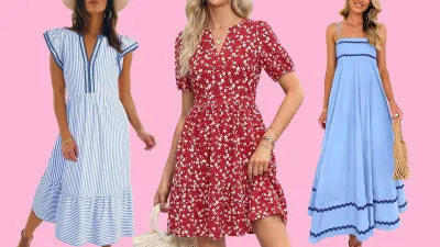 Blue striped, red floral and blue maxi dresses