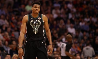 Giannis Antetokounmpo #34 of the Milwaukee Bucks during the first half of the NBA game against the Phoenix Suns at Talking Stick Resort Arena on March 04, 2019 in Phoenix, Arizona.