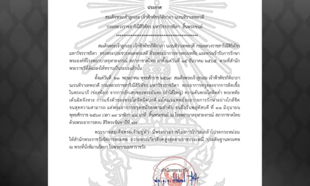 Her Royal Highness Princess Bajrakitiyabha Narendiradebyavati Kromluangrajasarinisiribajra Mahavajrarajadhita Has Passed Away