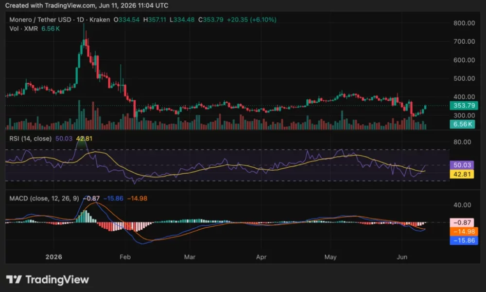 Monero (XMR) price chart, source: crypto.news