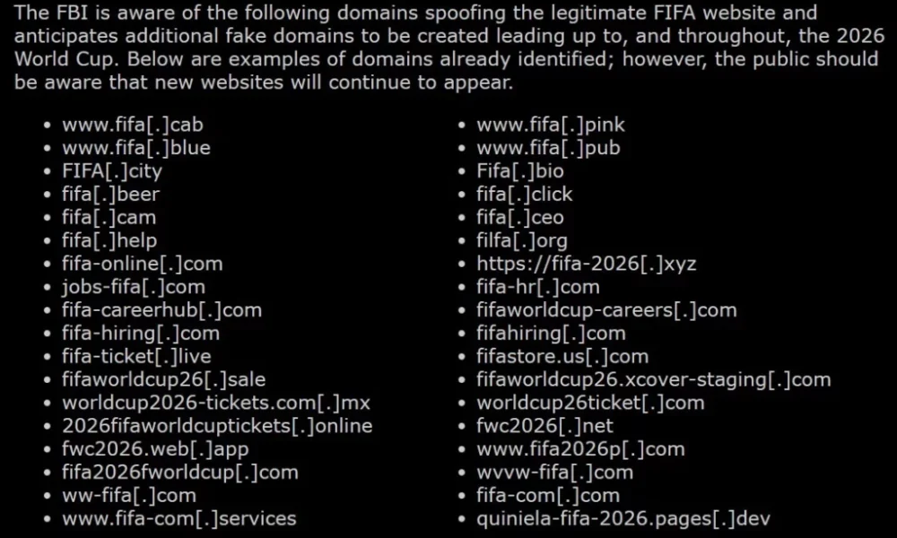 Fake domains impersonating FIFA website.