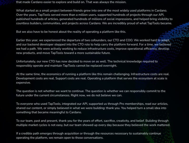 Cardano’s Most Important Analytics Platform Is Shutting Down After Losing 5 Executives in One Year