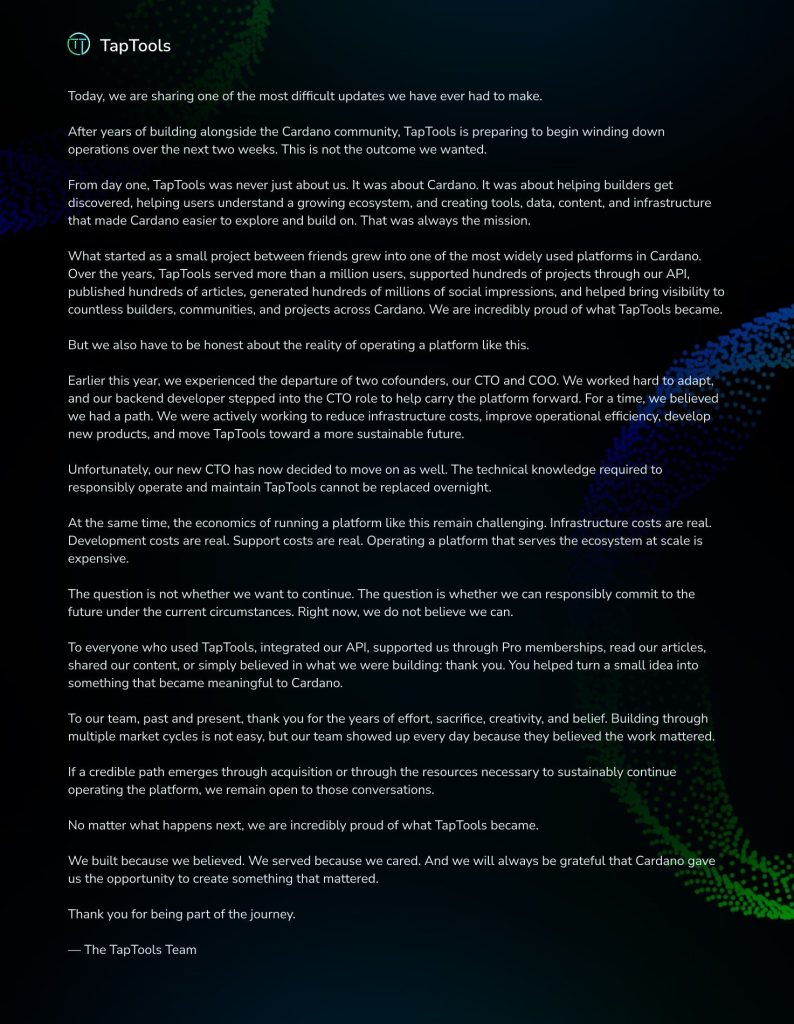 Cardano’s Most Important Analytics Platform Is Shutting Down After Losing 5 Executives in One Year