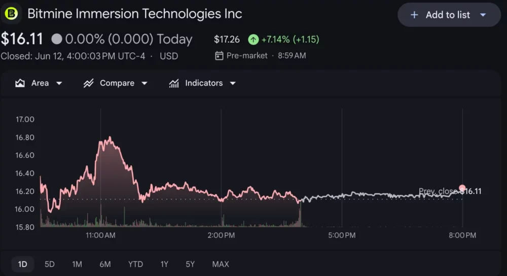 Bitmine (BMNR) price chart, source: Google Finance