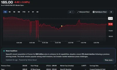 SpaceX stock closes at $185, showing a 3.56% daily decline with a market capitalization of about $2.44 trillion.