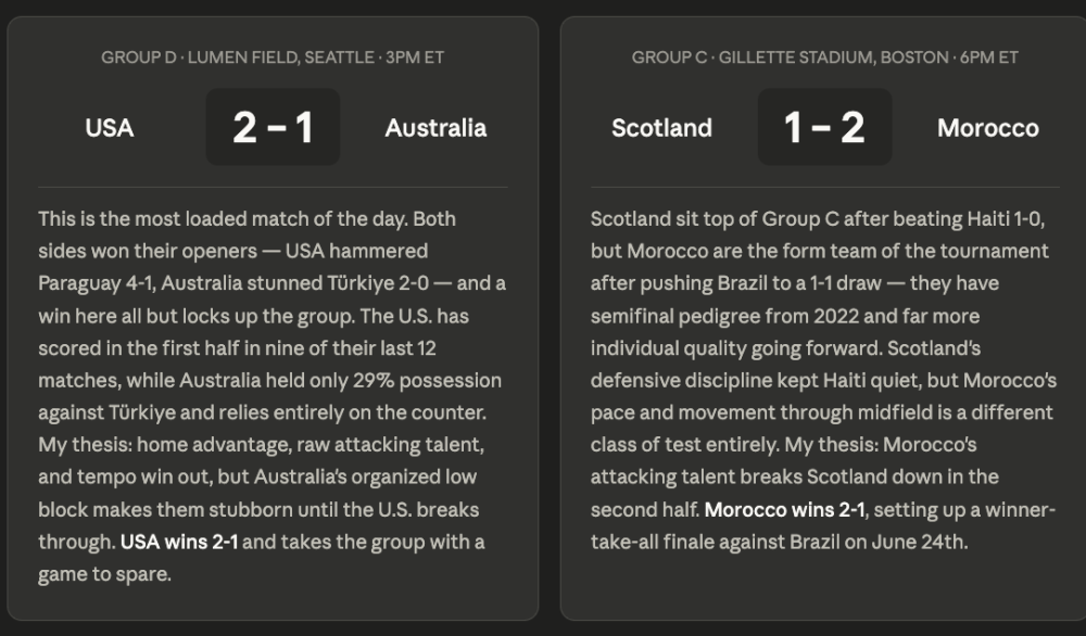 Claude AI World Cup Predictions: USA VS Australia, Morocco VS Scotland