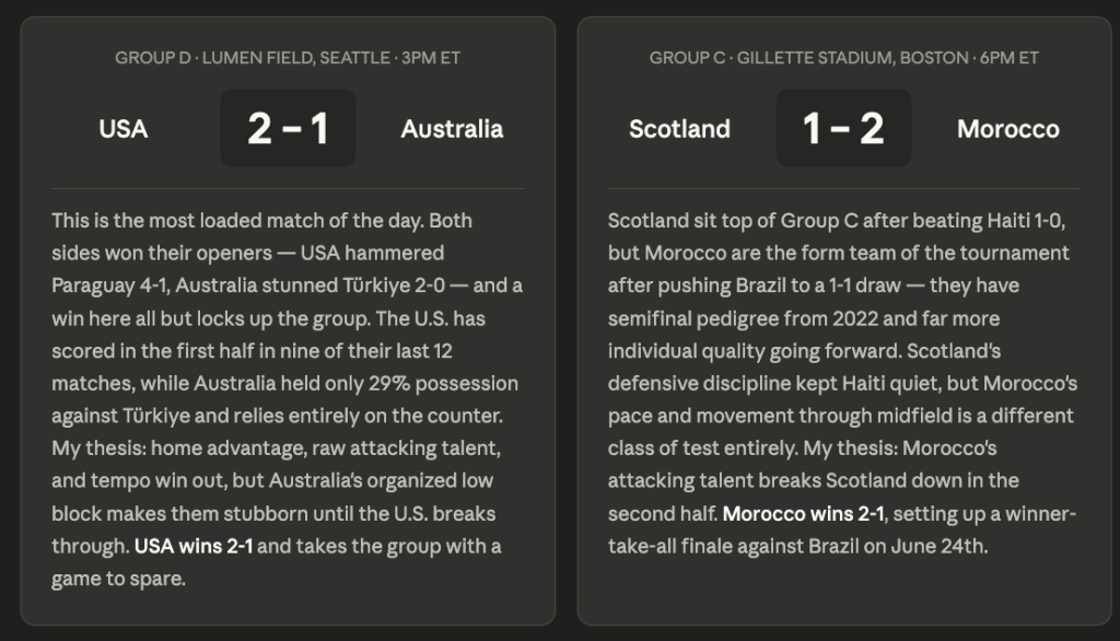 Claude AI World Cup Predictions: USA VS Australia, Morocco VS Scotland