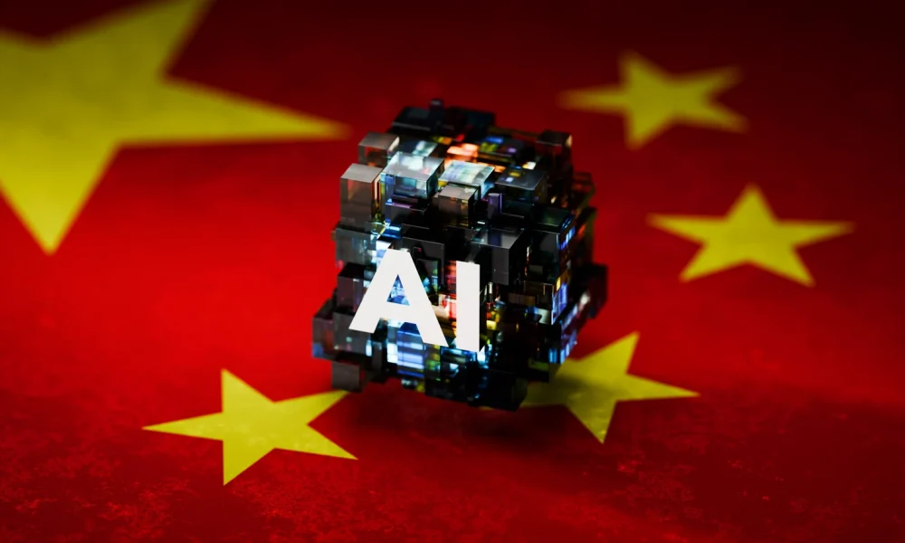 Abstract AI Symbol Hovering Above Chinese Flag – Representing AI Innovation and Technology in China