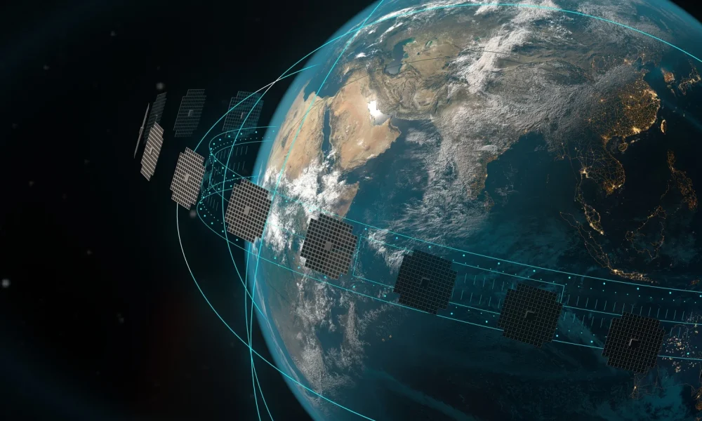 Satellite In Space Station Orbiting Earth Providing Communication Internet Connection Coverage