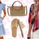 blue dress, woven bag, sandals and colorful top
