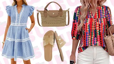 blue dress, woven bag, sandals and colorful top