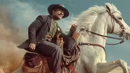 David Oyelowo as Bass Reeves on a white horse on the poster for 'Lawmen: Bass Reeves'