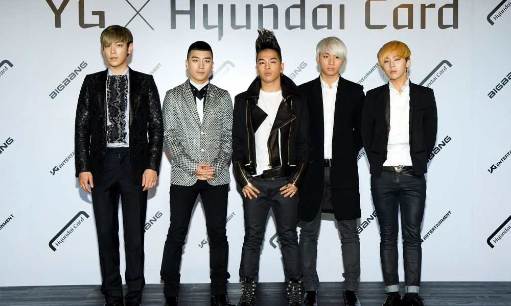 (Left to right) T.O.P, Seungri, Taeyang, Daesung and G-Dragon of Big Bang attend the Hyundai Card Collaboration With YG Entertainment in Seoul, June 5, 2012.