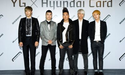 (Left to right) T.O.P, Seungri, Taeyang, Daesung and G-Dragon of Big Bang attend the Hyundai Card Collaboration With YG Entertainment in Seoul, June 5, 2012.