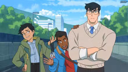 Lois Lane presenting press-badges to Jimmy Olsen and Clark Kent