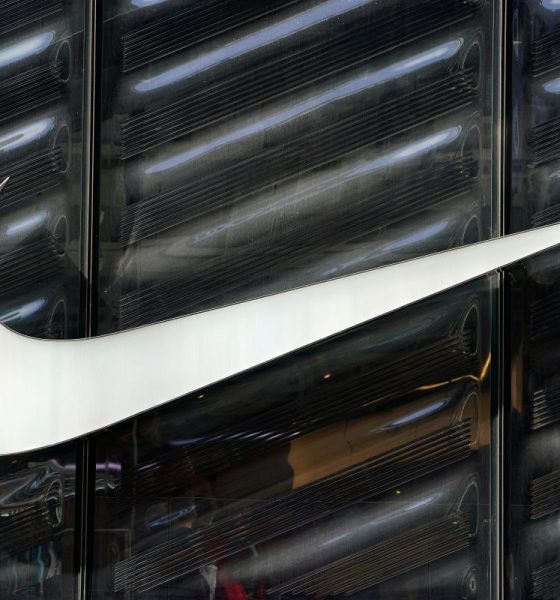 The Nike swoosh logo is seen outside the store on 5th Avenue in New York