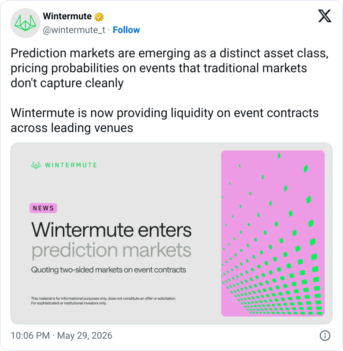 Wintermute Enters Prediction Markets as Liquidity Provider
