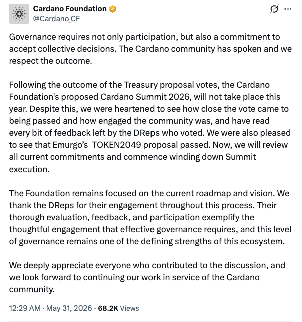 Cardano Foundation Cancels Conference After Failed DAO Vote