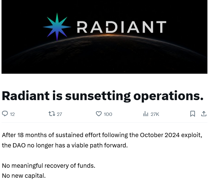 Radiant to Wind Down After Failing to Recover From 2024 Hack