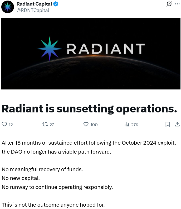 Radiant to Wind Down After Failing to Recover From 2024 Hack