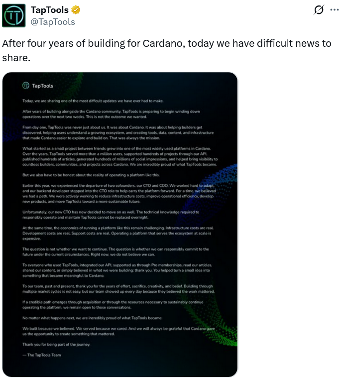Cardano’s TapTools Winds Down After Losing 5 Execs