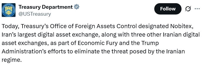 US Treasury Sanctions Iran’s Nobitex Crypto Exchange