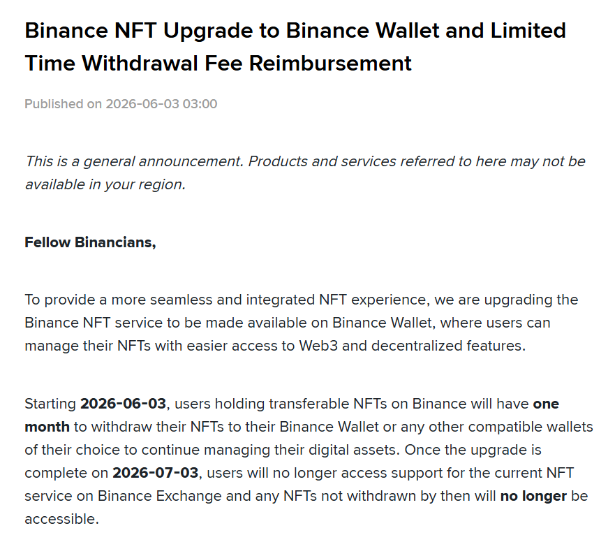 Binance Exchange to Halt NFT Services, Move Management to Binance Wallet
