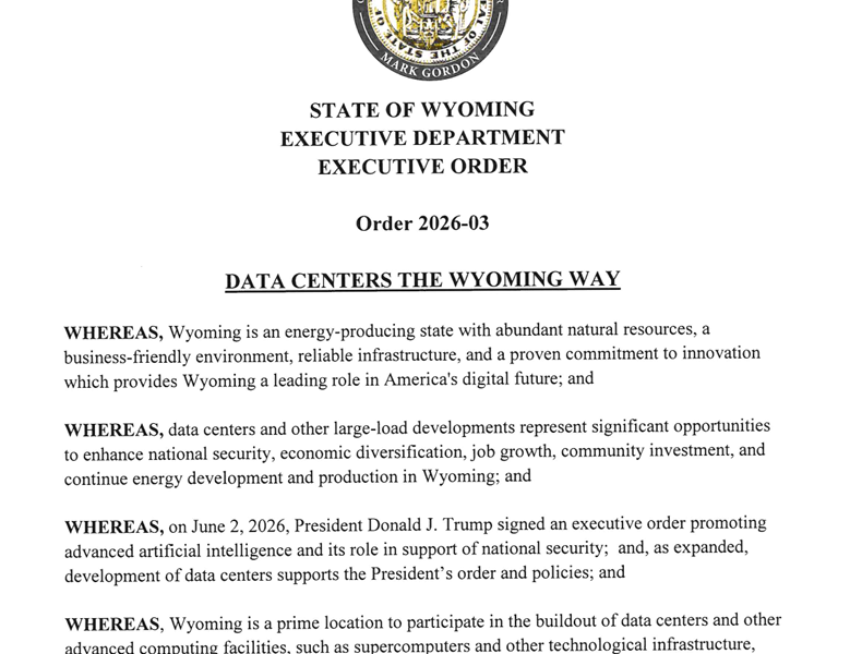 Wyoming Issues Executive Order to Guide AI Data Center Development