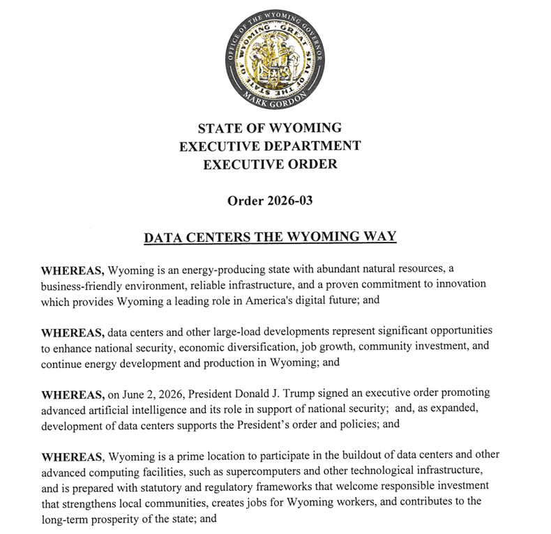 Wyoming Issues Executive Order to Guide AI Data Center Development