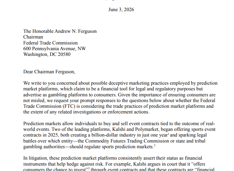 US Democrats Push for FTC Investigation Into Prediction Markets
