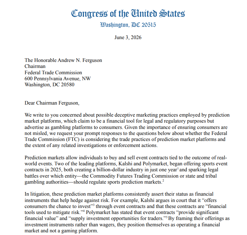US Democrats Push for FTC Investigation Into Prediction Markets