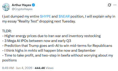 Arthur Hayes Dumps HYPE, NEAR Holdings Ahead of ‘Mega’ AI IPOs