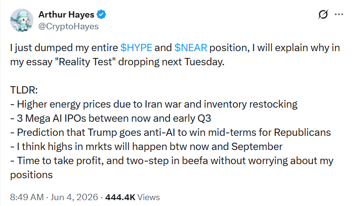 Arthur Hayes Dumps HYPE, NEAR Holdings Ahead of ‘Mega’ AI IPOs