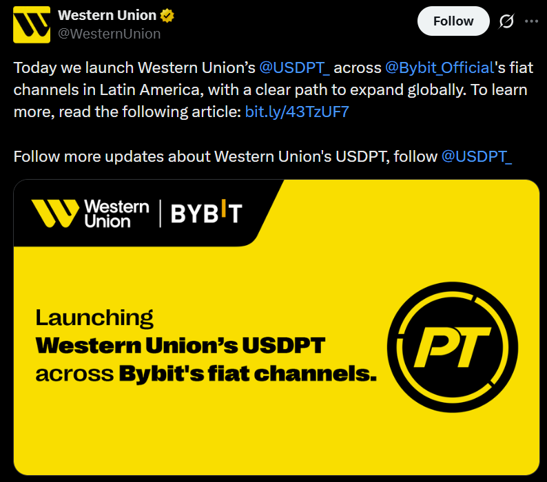 Bybit Lists Western Union’s USDPT Stablecoin Amid Payments Push