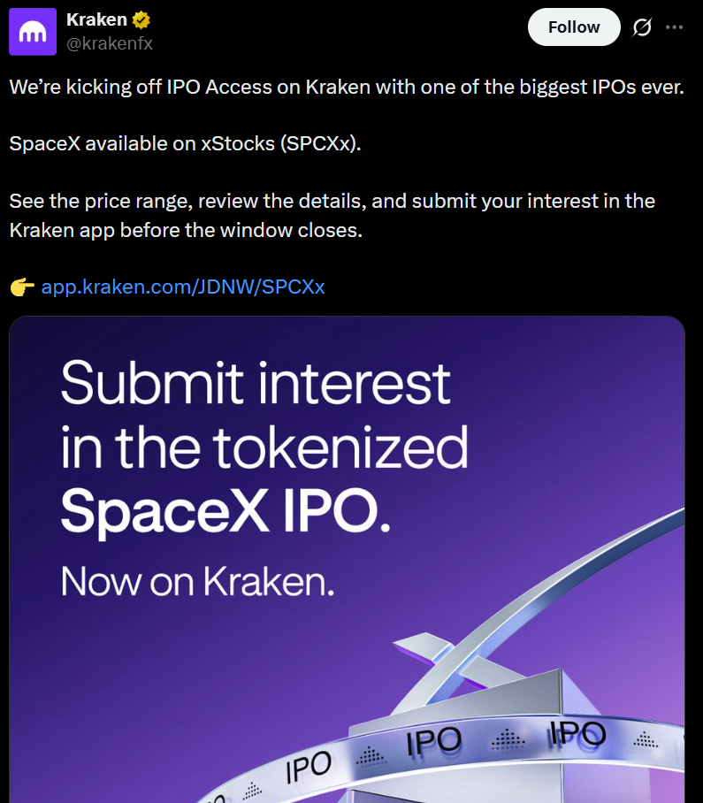 Kraken Opens SpaceX IPO Access Through xStocks Platform