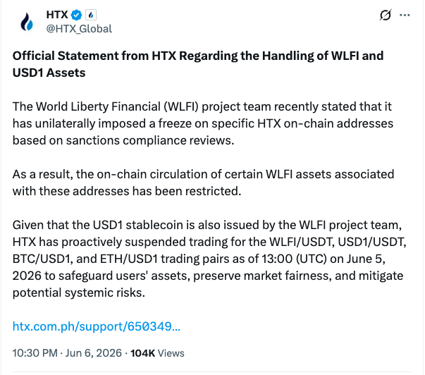 HTX Delists Trump-Linked USD1 After Alleged Wallet Freeze