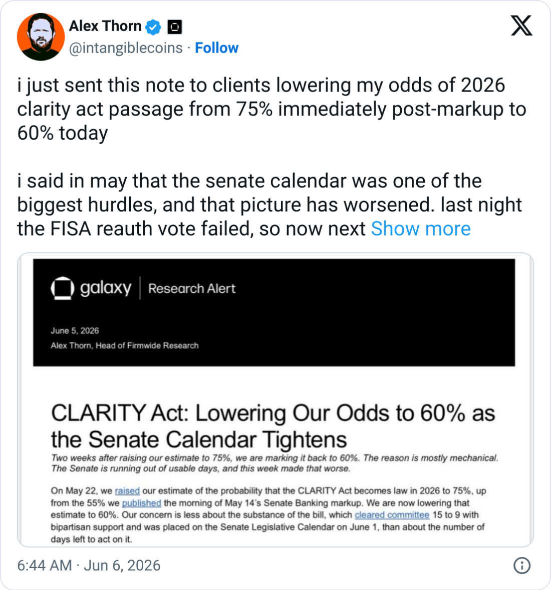 Galaxy Digital Drops Odds of CLARITY Act Passing to 60%