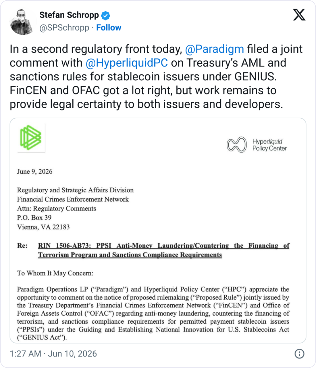Hyperliquid, Paradigm Urge FinCEN Revise GENIUS Rule