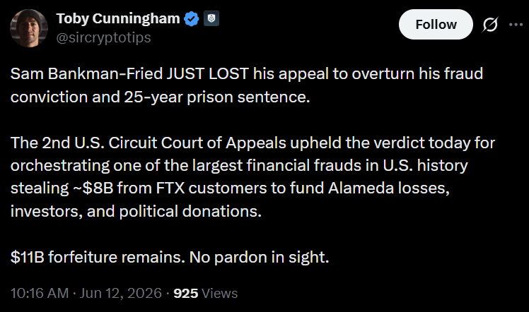 Sam Bankman-Fried Loses Appeal as Trump Pardon Bid Continues