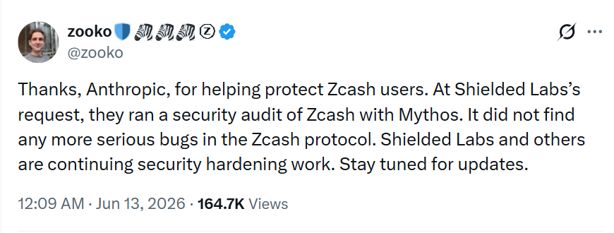Anthropic Mythos Security Audit Found No ‘Serious’ Bugs in Zcash: Wilcox
