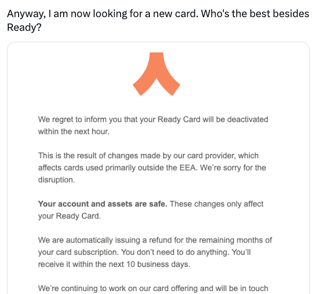 Ready Restricts USDC Card Access Outside EEA