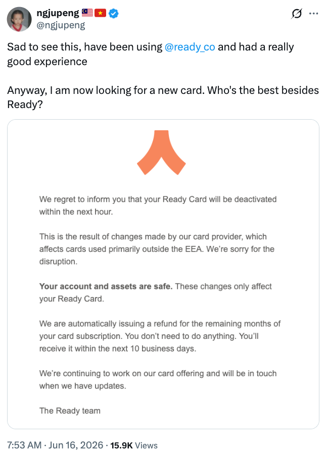 Ready Restricts USDC Card Access Outside EEA