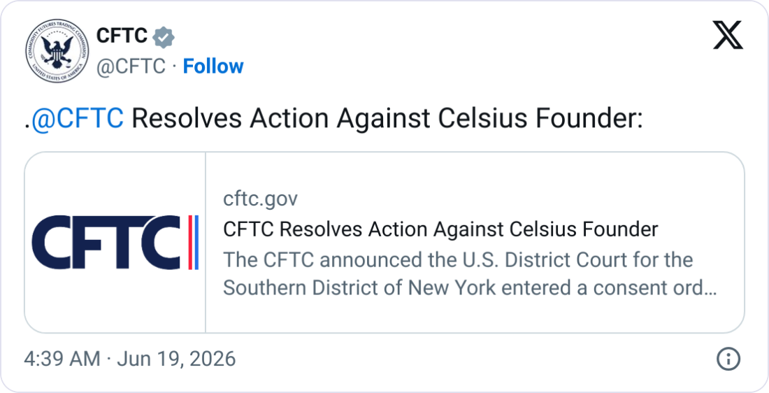 CFTC Settlement Bans Celsius Founder Mashinsky From Trading
