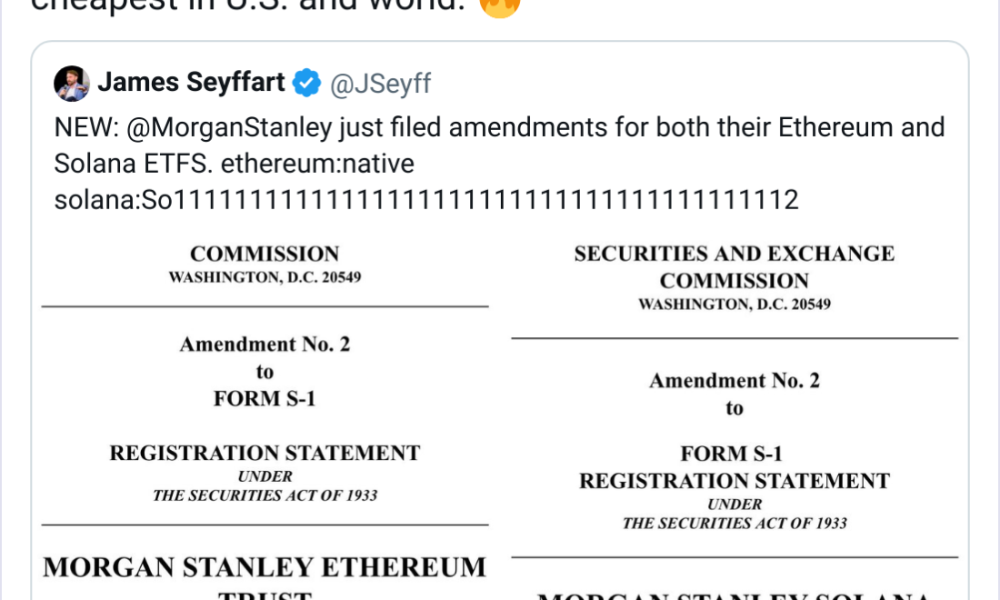 Morgan Stanley Amends ETH, SOL ETFs to Reveal Cheap Fees